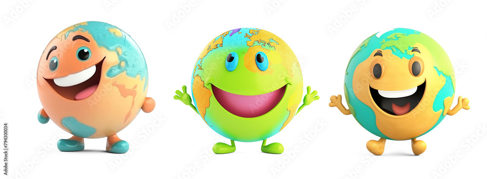 Three happy cartoon earth globes with smiling faces standing side by side