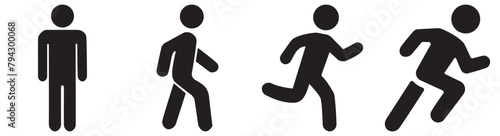 Man stands, walk and run icon set. People symbol. Person standing, walking and running illustration. Run, walk, stand. Vector illustration. white background. eps 10