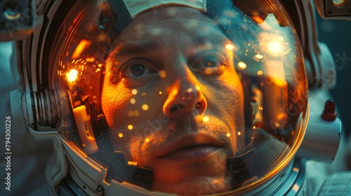 Close-up of astronaut in helmet with reflections