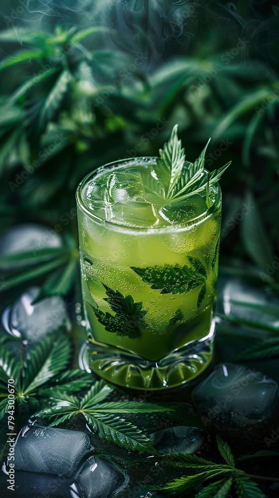 A cannabis cocktail with ice cubes and ingredients infused with cannabis extracts. Cannabis cocktail with an earthy flavor and relaxing sensation. A cannabis cocktail with ice cubes and ingredients infused with cannabis extracts. Cannabis cocktail with an earthy flavor and relaxing sensation.