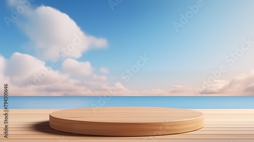 3d wood podium summer background for product display platform scene with sea beach sky cloud, Empty minimal wooden stage design. © hamad