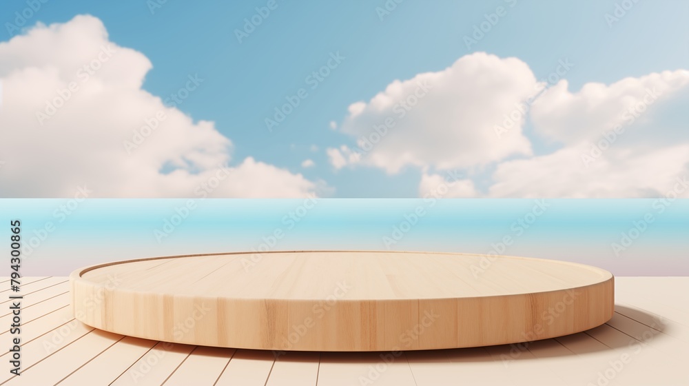 3d wood podium summer background for product display platform scene with sea beach sky cloud, Empty minimal wooden stage design.