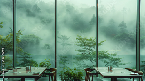 A cafe with large windows overlooking trees and waterfalls, a green color scheme, a light blue sky, a misty atmosphere, high resolution, natural lighting, highly detailed, clean sharp focus