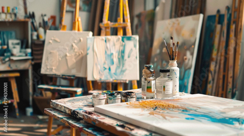 A messy art studio with a white canvas and a few other paintings