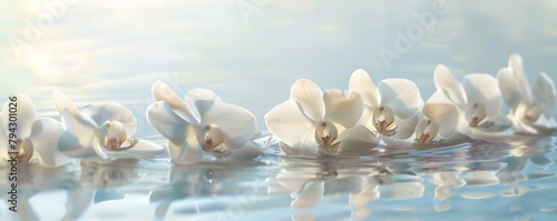 White orchids floating on water with soft focus and serene background