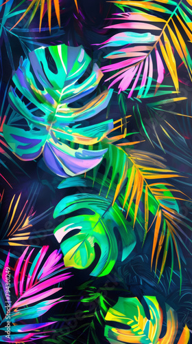 Colorful neon tropical leaves on dark background