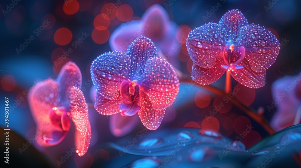 A tight shot of a purple bloom dotted with water beads Background softly blurred in red and blue lights A tight shot of a purple bloom dotted with water beads Background softly blurred in red and blue lights