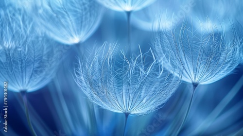 Close-up of delicate blue dandelion seed heads