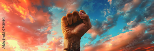 Concept idea of freedom of press, expression, speech, fist hand holding a pen up into the sky, conceptual artwork 3d illustration photo