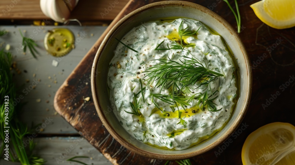 Zadziki is a cold appetizer sauce made of yogurt, fresh cucumber and garlic, a traditional dish of Greek cuisine. Zadziki is a cold appetizer sauce made of yogurt, fresh cucumber and garlic, a traditional dish of Greek cuisine.