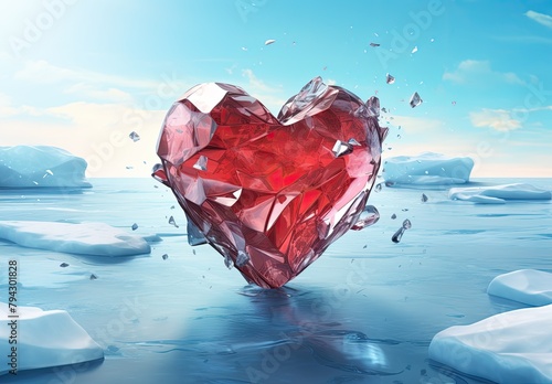 A red heart frozen in ice as a symbol of betrayal in love. Cold feeling. Illustration for cover, card, postcard, interior design, decor or print.