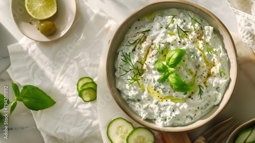 Zadziki is a cold appetizer sauce made of yogurt, fresh cucumber and garlic, a traditional dish of Greek cuisine.