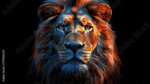 On a black background  a color  realistic portrait of a lion s head.