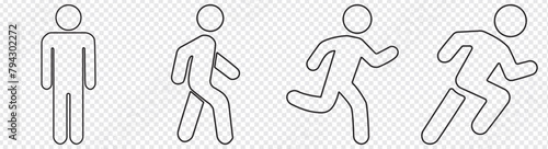 Editable real line icon set of a boy stick figure running fast and jogging in a outline design in modern black lines on a clean  transparent background as a EPS 10 vector illustration photo