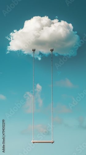 Swing hanging from a cloud in a clear blue sky