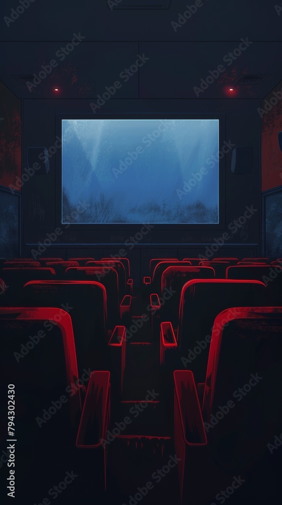 Empty cinema hall with red seats facing a large screen showing an underwater scene Empty cinema hall with red seats facing a large screen showing an underwater scene