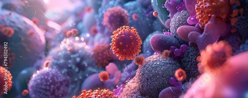 Colorful 3D illustration of various virus particles photo