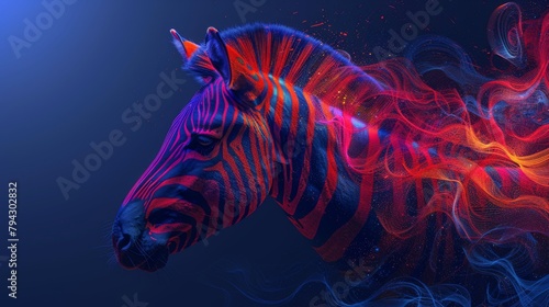 A zebra head with bright splashes of color on a dark blue background.