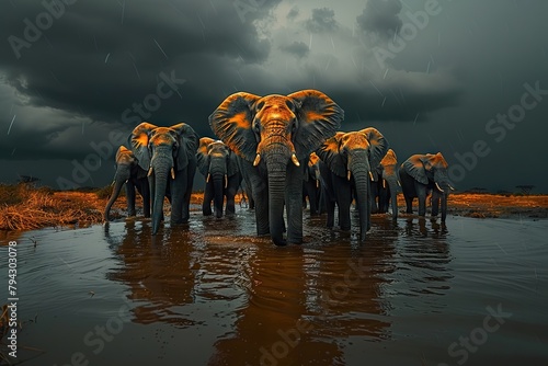 Majestic African Elephants Gather at a Watering Hole, Amidst the Dramatic Stormy Skies of Addo Elephant National Park, Eastern Cape, South Africa photo