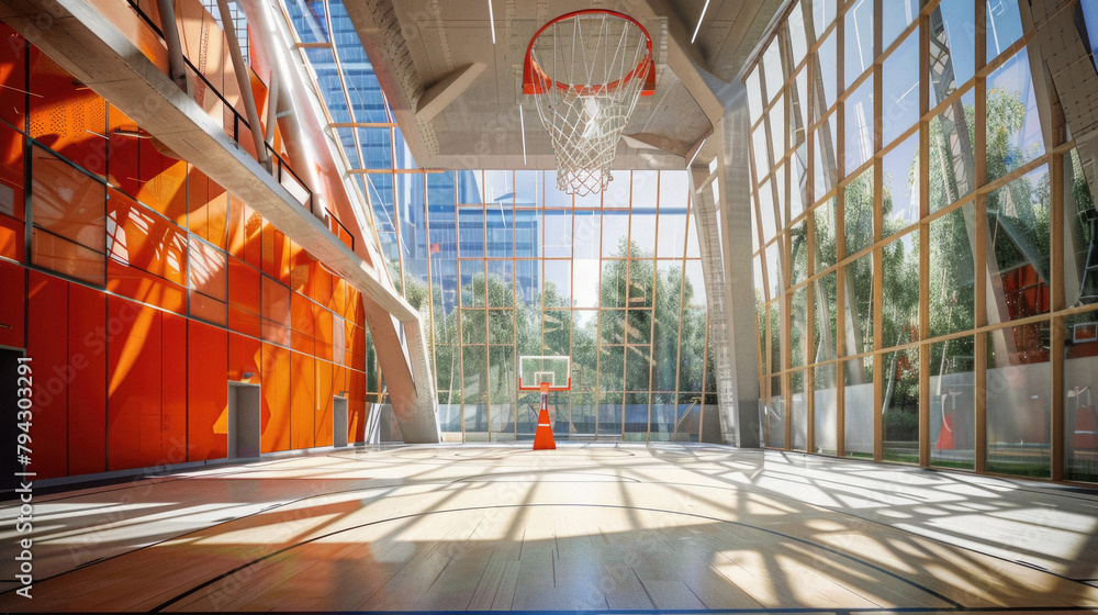 Fototapeta premium A basketball court with a hoop in the center