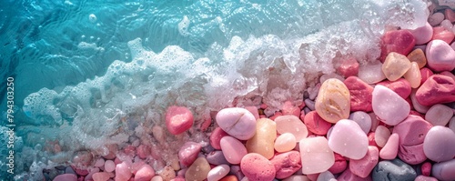 Colorful pebbles washed by sea waves on the shore photo