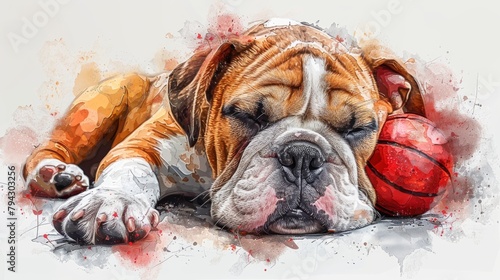 Digital modern graphics of an English bulldog holding a ball. Color, graphic portrait of the dog in watercolor style. Separate layers. photo