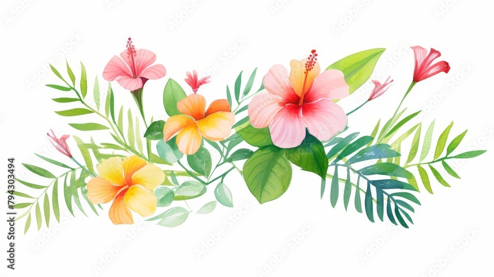 Obraz premium Watercolor illustration of tropical spring flowers and lush green leaves, isolated on a crisp white background, water color, drawing style, isolated clear background