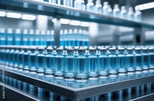 Close-up of numerous medical vials on a pharmaceutical production line. Pharmaceutical production concept.