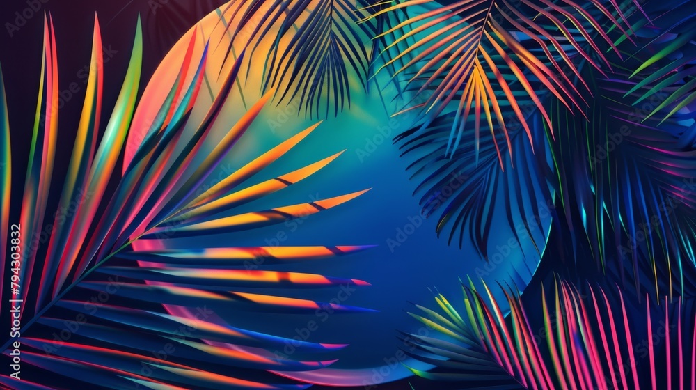Colorful tropical palm leaves with neon lighting