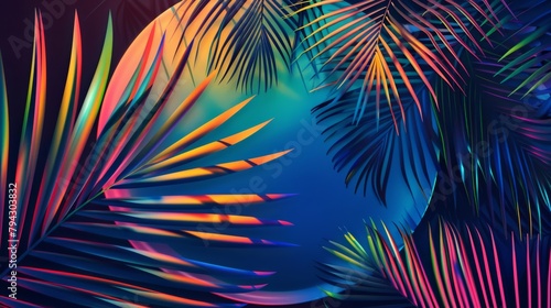 Colorful tropical palm leaves with neon lighting