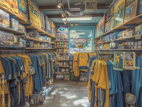 A store with a lot of merchandise for sale. The store is filled with blue and yellow clothing photo