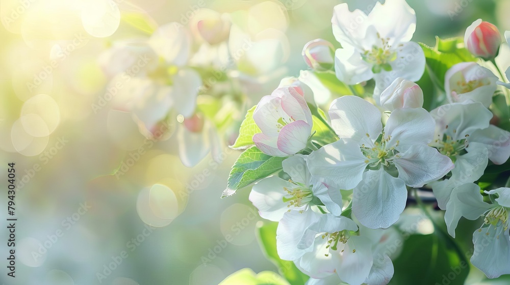 white apple blossoms on tree branches in spring soft bokeh background nature banner panorama