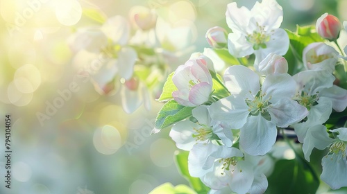 white apple blossoms on tree branches in spring soft bokeh background nature banner panorama