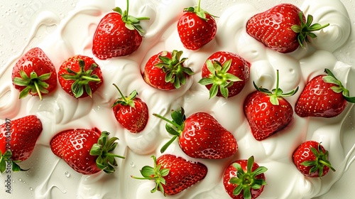 an enticing pile of strawberries swimming in a pool of creamy delight  real white background