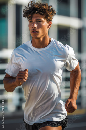 Un homme sportif en T-shirt blanc, courant avec détermination sur un sentier en pleine nature.