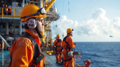 Oil workers, wearing helmets and personal protective equipment, stand on an oil rig in the ocean surrounded by water and the sky. AIG41