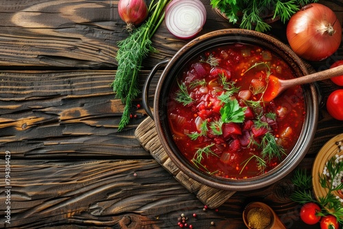 A plate of beet root soup borscht on a wooden table with vegetables, top view. Homemade food background with copy space photo