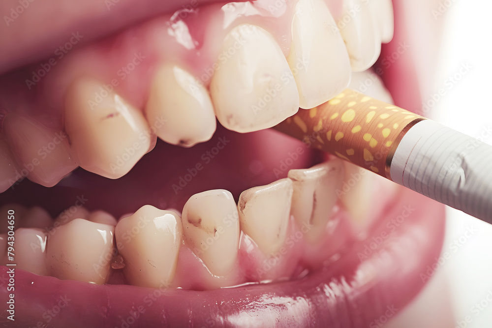 Cigarette in smoker mouth with dental plaque on teeth closeup. Bad