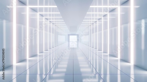 futuristic white corridor with ascending pillars and glowing lights 3d illustration