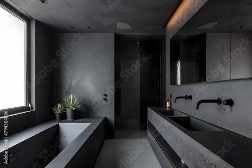 Contemporary modern bathroom interior in dark black colors and concrete elements.