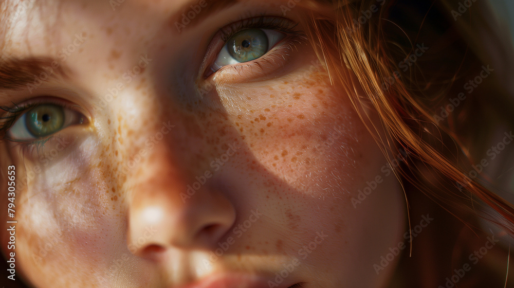 Close-up of young woman with freckles looking directly at the camera. Close-up of young woman with freckles looking directly at the camera.