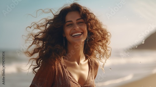 A beautiful woman with wavy hair walks on the beach on a summer day, laughing and holding an ice cream. © hamad