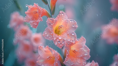  A tight shot of blooming flowers with dewdrops on their petals and a backdrop of a clear blue sky