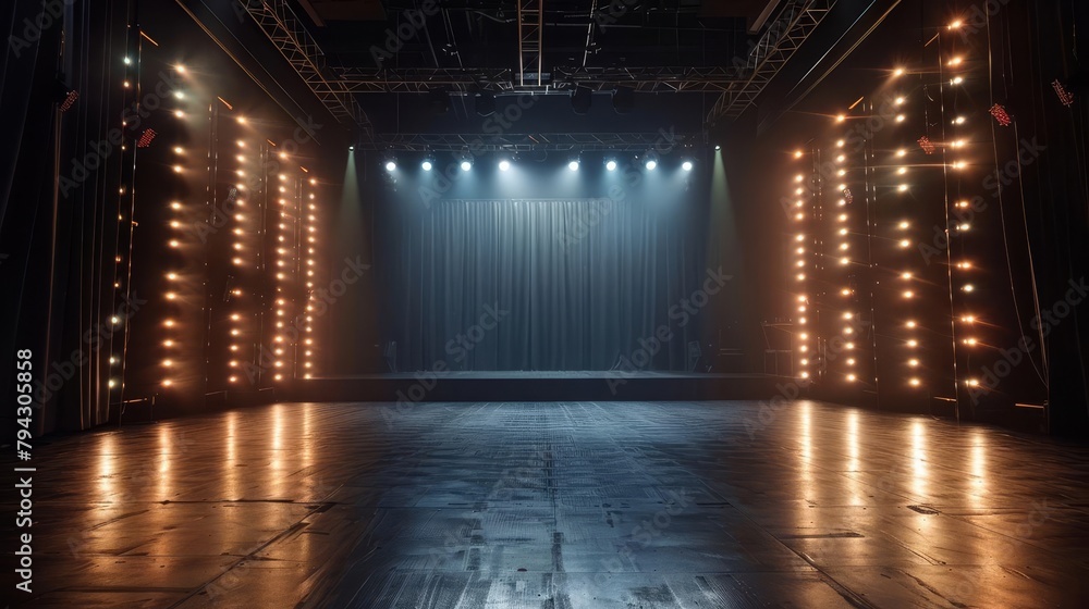 illuminated stage on dark floor glowing lights along perimeter dramatic theater or performance space