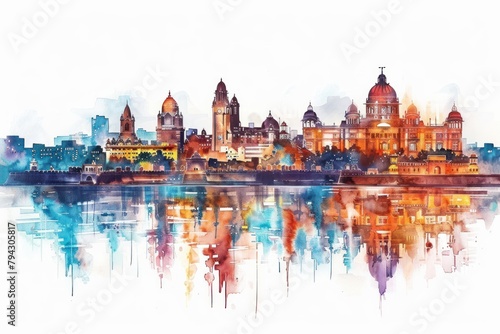 Watercolor painting of the Kolkata skyline in India