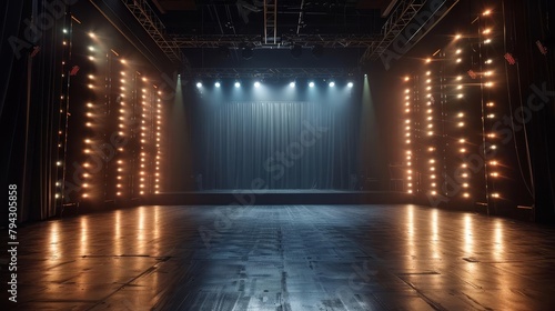 illuminated stage on dark floor glowing lights along perimeter dramatic theater or performance space photo