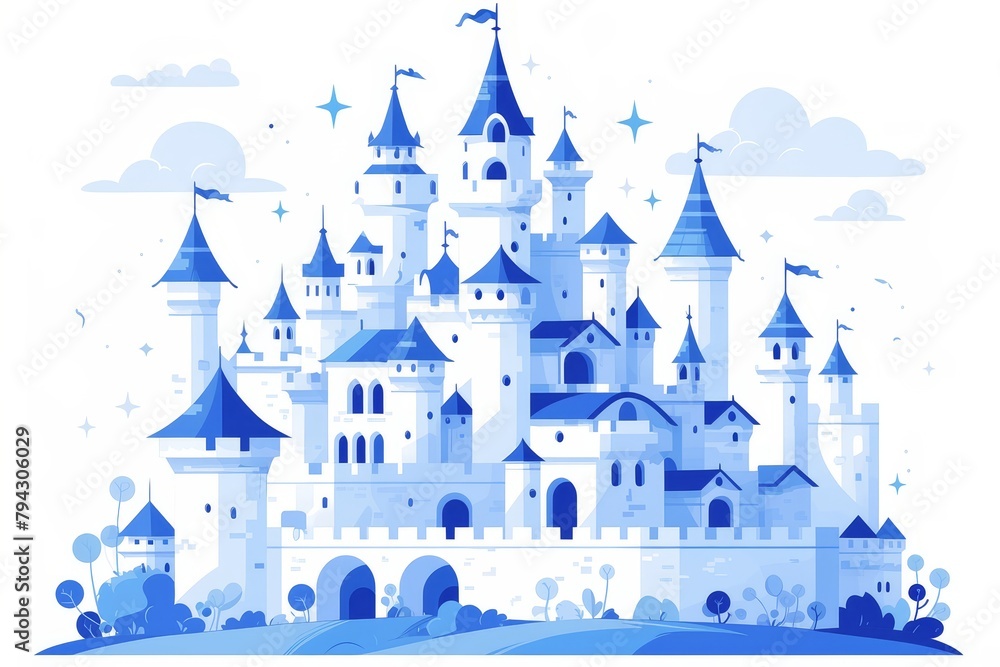 white cartoon castle with turrets, simple flat vector illustration on white background, cute, fantasy landscape