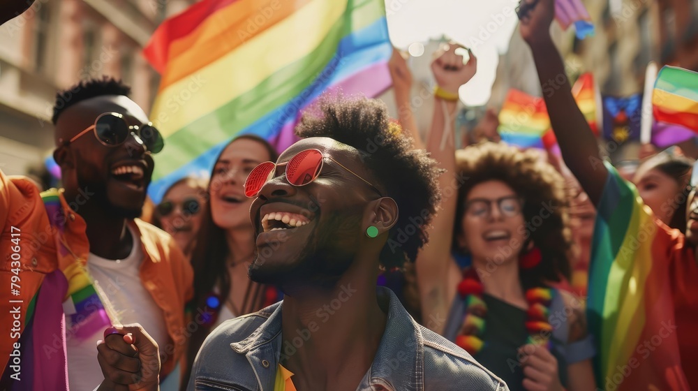 joyful diverse crowd marching with rainbow flag at lgbt pride parade equality and inclusivity concept joyful diverse crowd marching with rainbow flag at lgbt pride parade equality and inclusivity concept