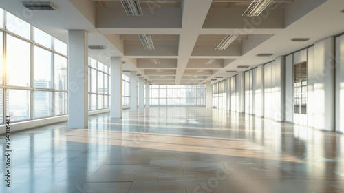 A large, empty office space with a lot of windows and a lot of light