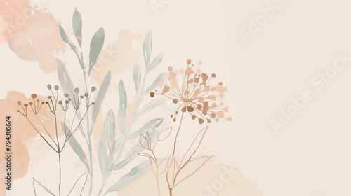 minimalist floral PC wallpaper, muted color palette, botanical shapes